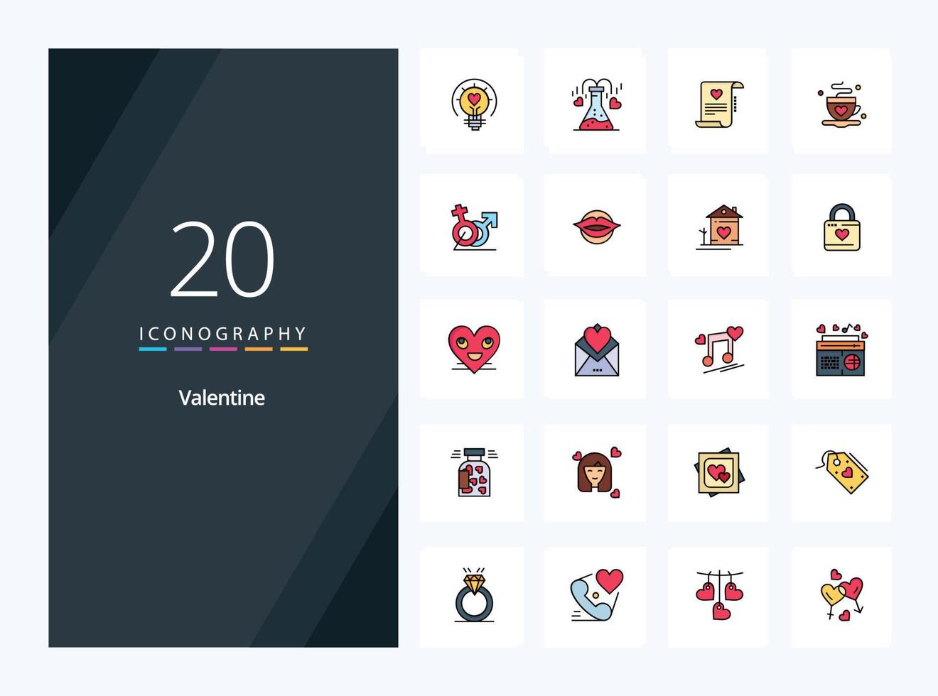 20 icono lleno de línea de San Valentín para presentación vector