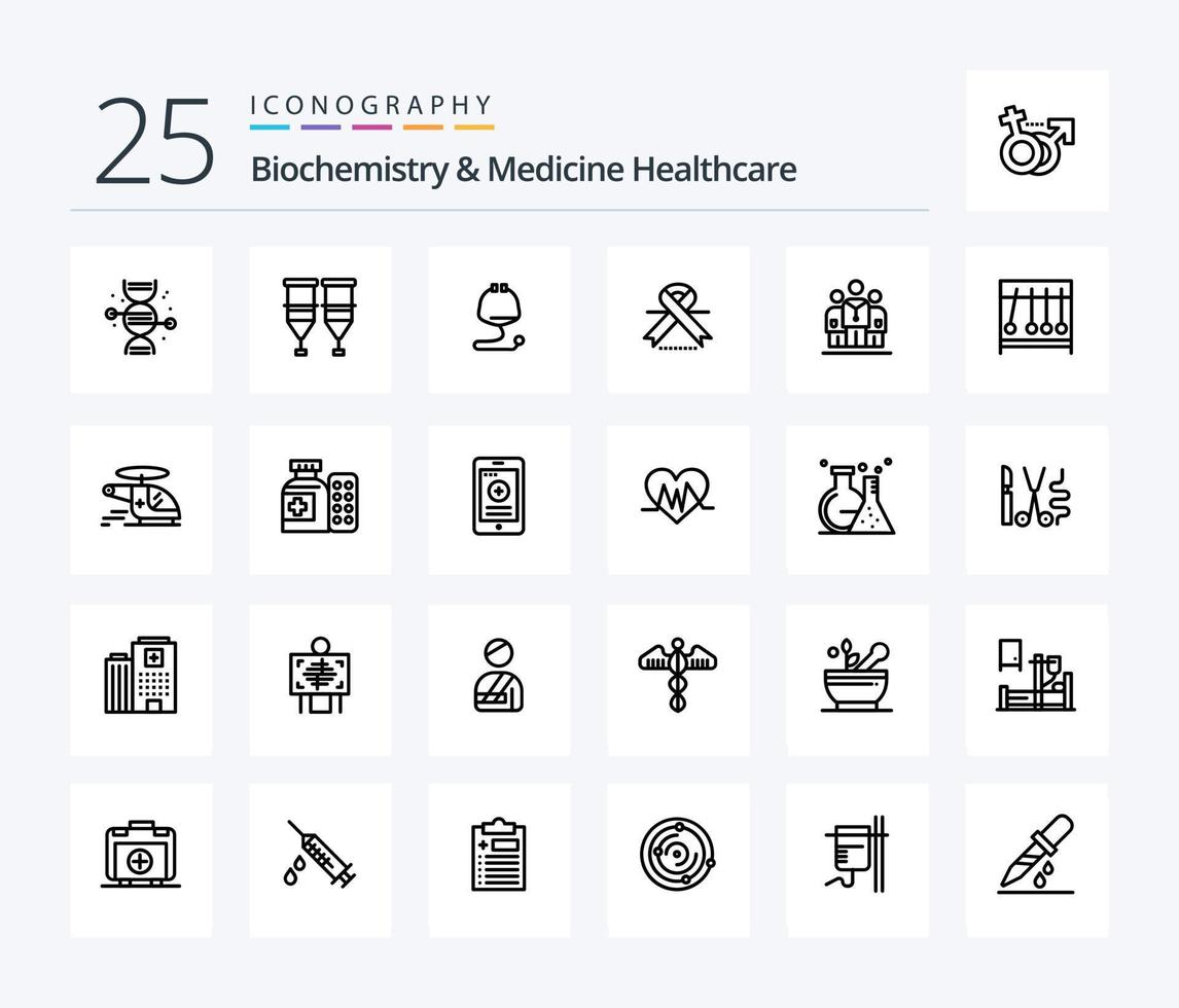 Biochemistry And Medicine Healthcare 25 Line icon pack including medical. ribbon. transfusion. oncology. stethoscope vector