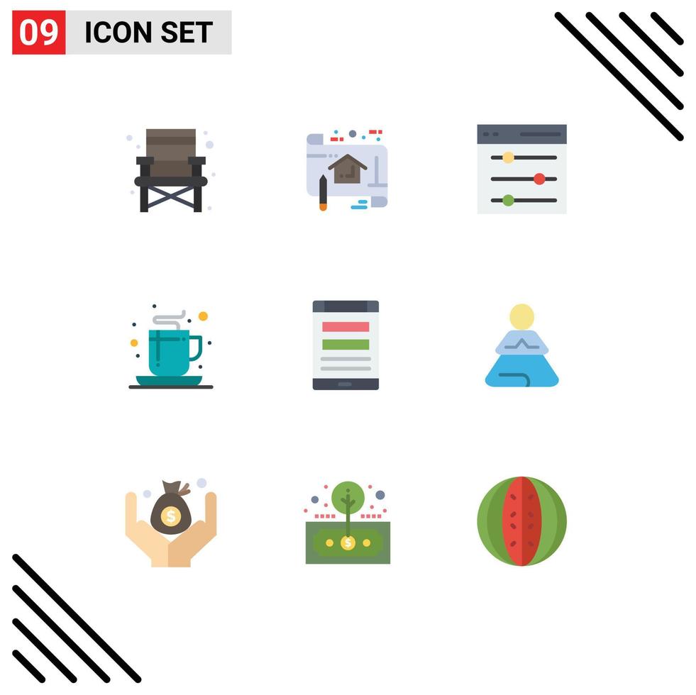 User Interface Pack of 9 Basic Flat Colors of internet tea communication office coffee Editable Vector Design Elements