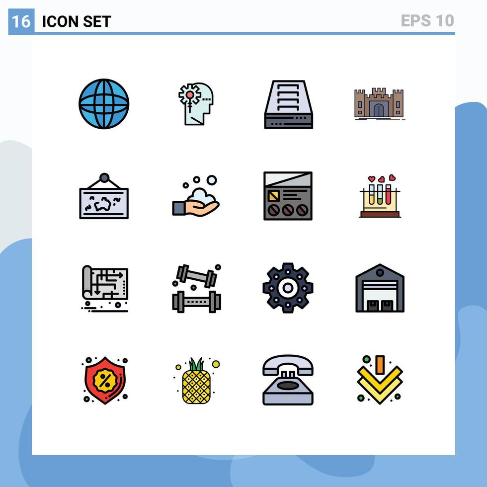 Set of 16 Vector Flat Color Filled Lines on Grid for frame fortress archive fort castle Editable Creative Vector Design Elements