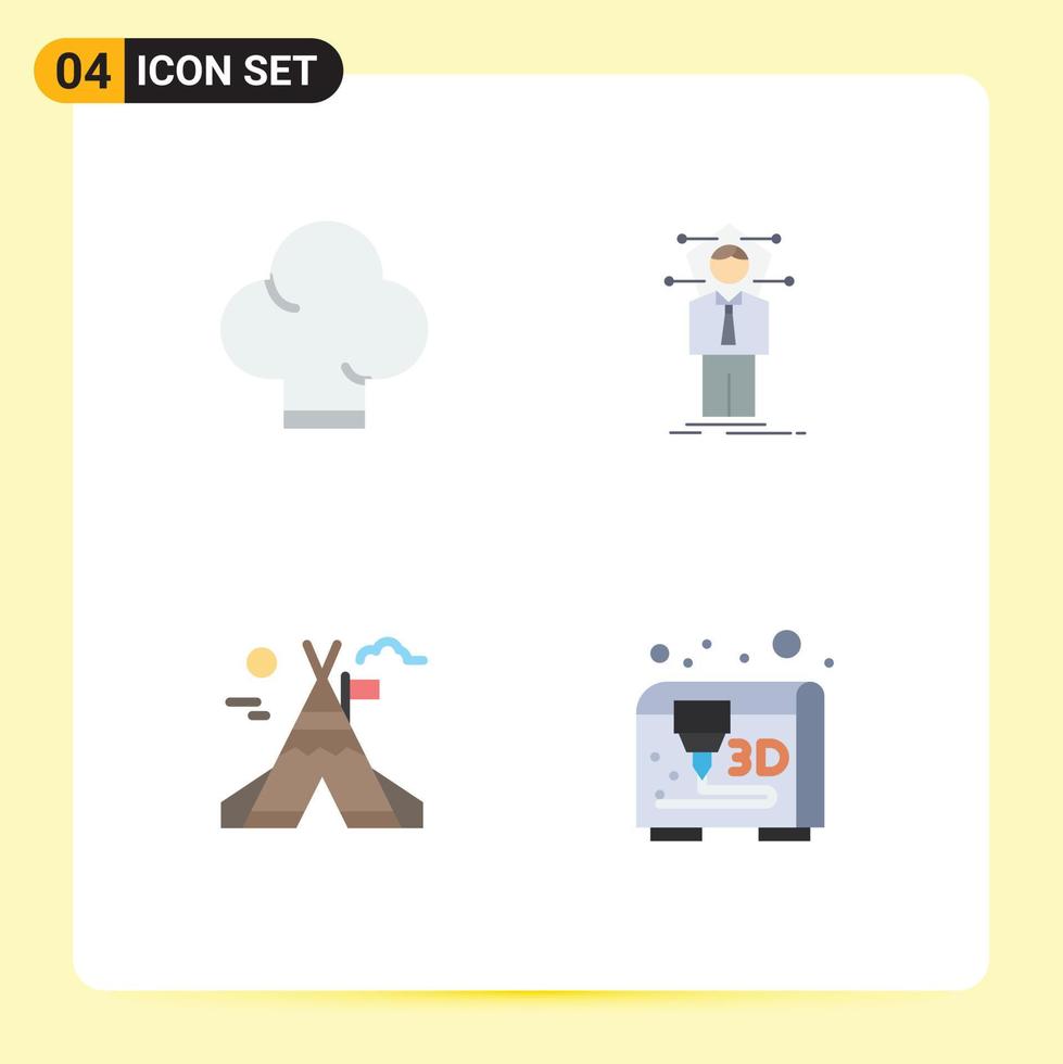 grupo de 4 iconos planos, signos y símbolos para el modelado de redes de negocios de campamentos de chef, elementos de diseño de vectores editables