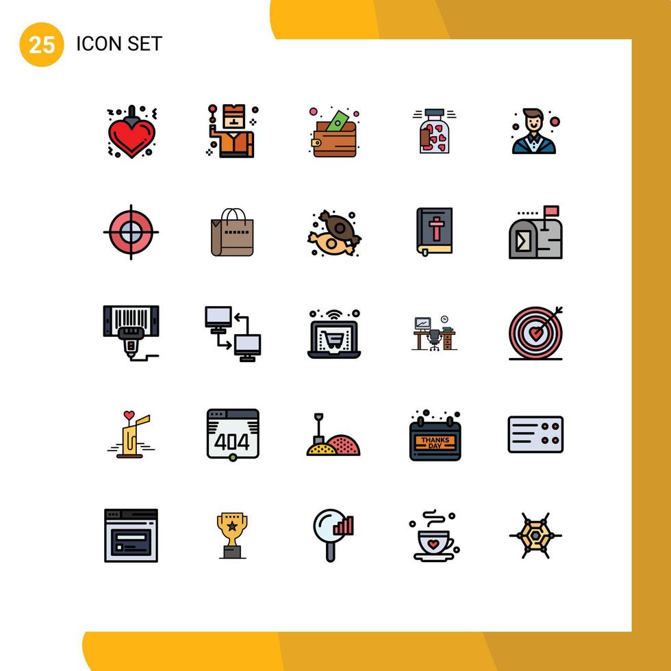 User Interface Pack of 25 Basic Filled line Flat Colors of counselor valentine cash wallet heart bottle Editable Vector Design Elements