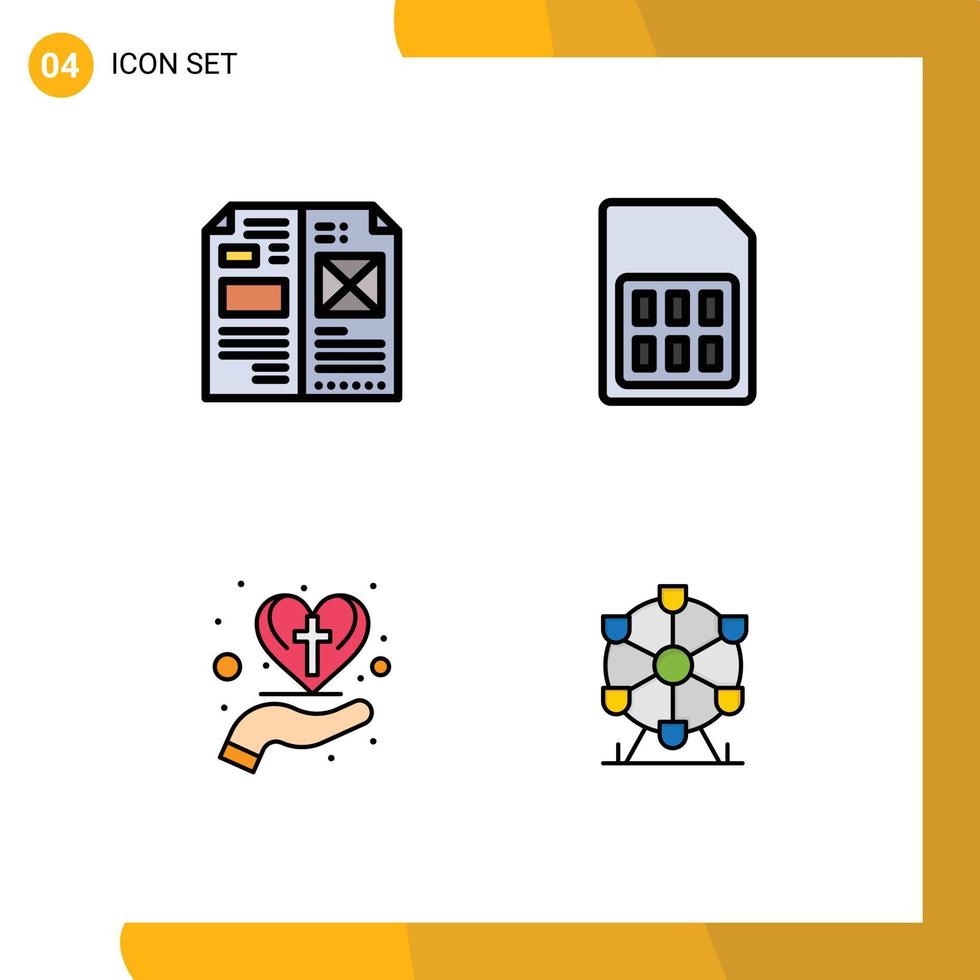 Set of 4 Vector Filledline Flat Colors on Grid for book sim card layout mobile care heart Editable Vector Design Elements