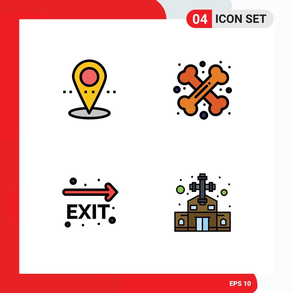 Modern Set of 4 Filledline Flat Colors and symbols such as location fire exit bone halloween navigation Editable Vector Design Elements