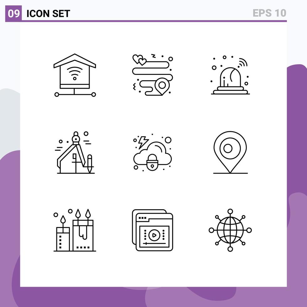 9 Universal Outline Signs Symbols of map security light protection cloud Editable Vector Design Elements