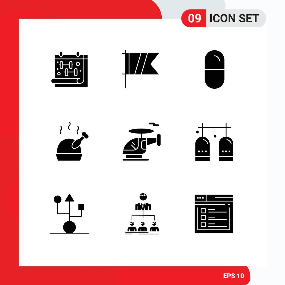 Pictogram Set of 9 Simple Solid Glyphs of vehicle helicopter dope roast turkey Editable Vector Design Elements
