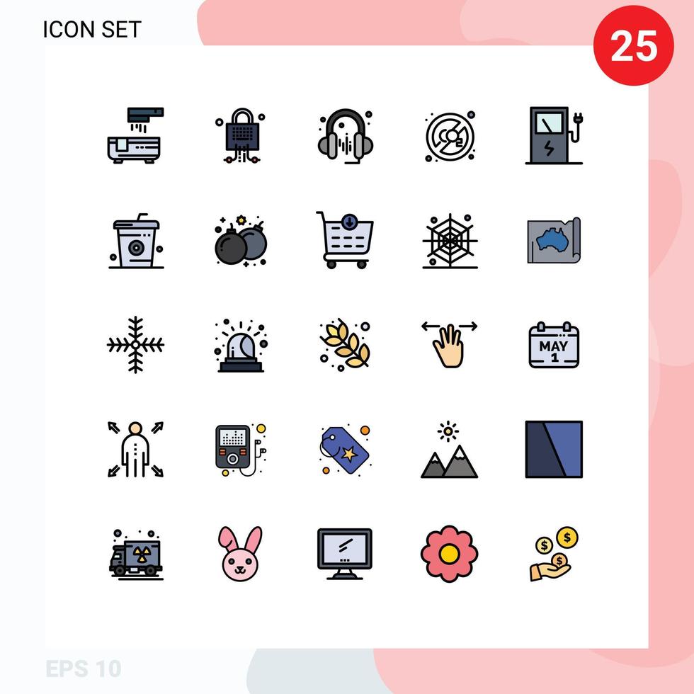 Pack of 25 creative Filled line Flat Colors of station charge headphone disable gas Editable Vector Design Elements