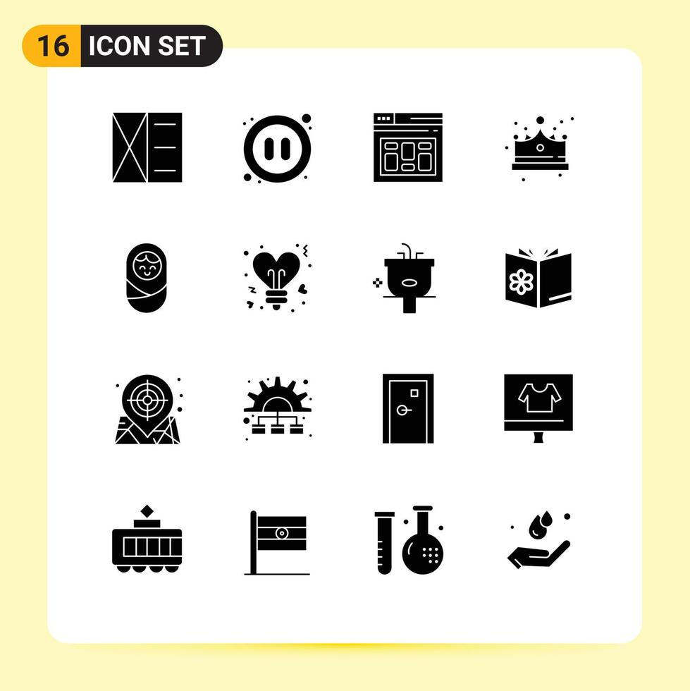 Set of 16 Vector Solid Glyphs on Grid for boy cap browser jewelry crown Editable Vector Design Elements