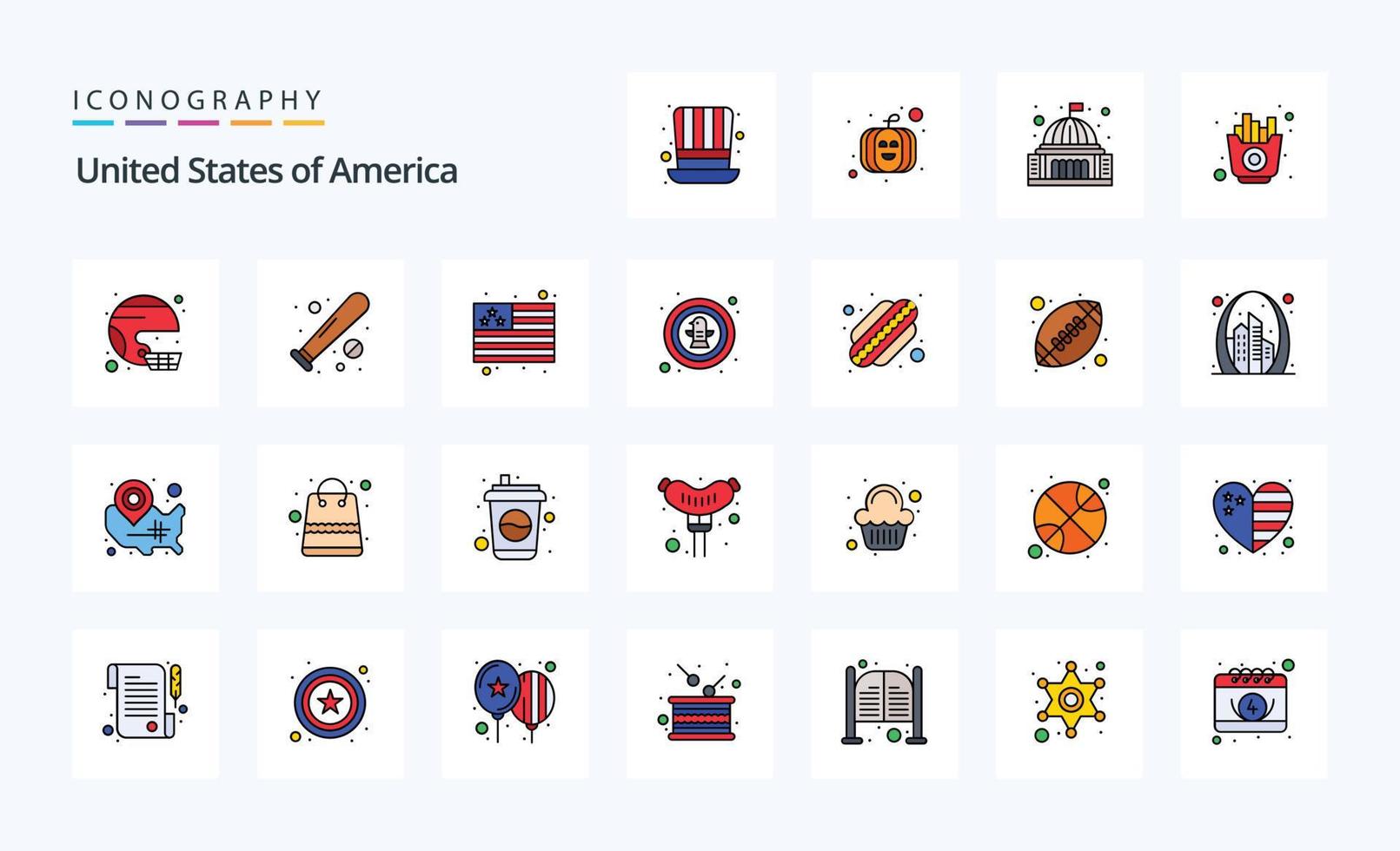 paquete de iconos de estilo lleno de línea de 25 estados unidos vector