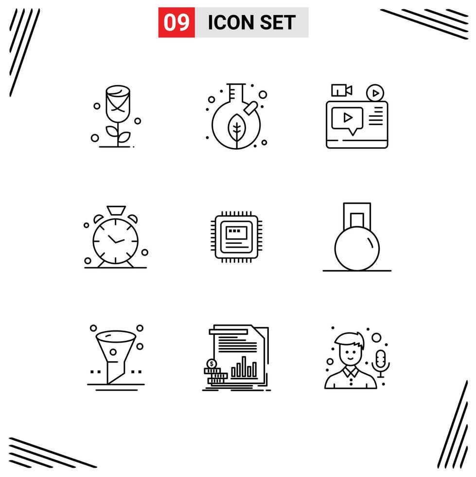9 Universal Outlines Set for Web and Mobile Applications cpu time video clock tutorial Editable Vector Design Elements