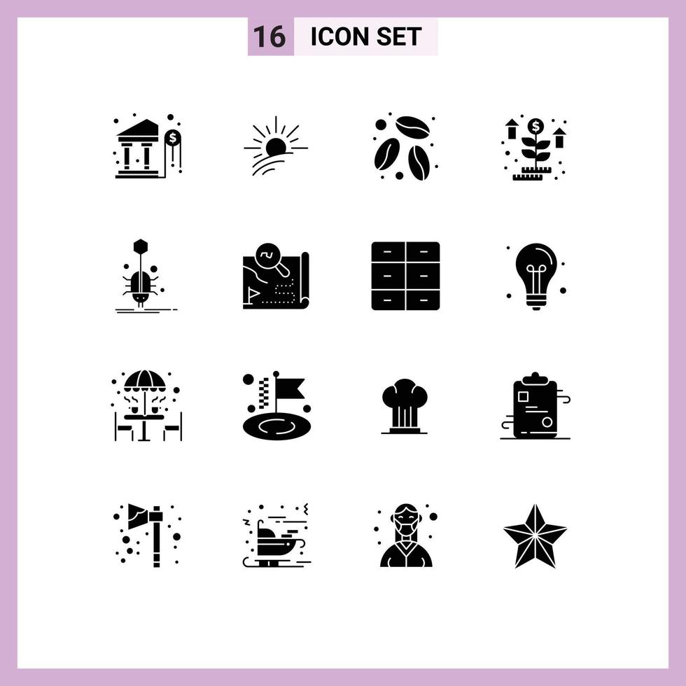 16 Solid Glyph concept for Websites Mobile and Apps spider bug caffeine plant money Editable Vector Design Elements