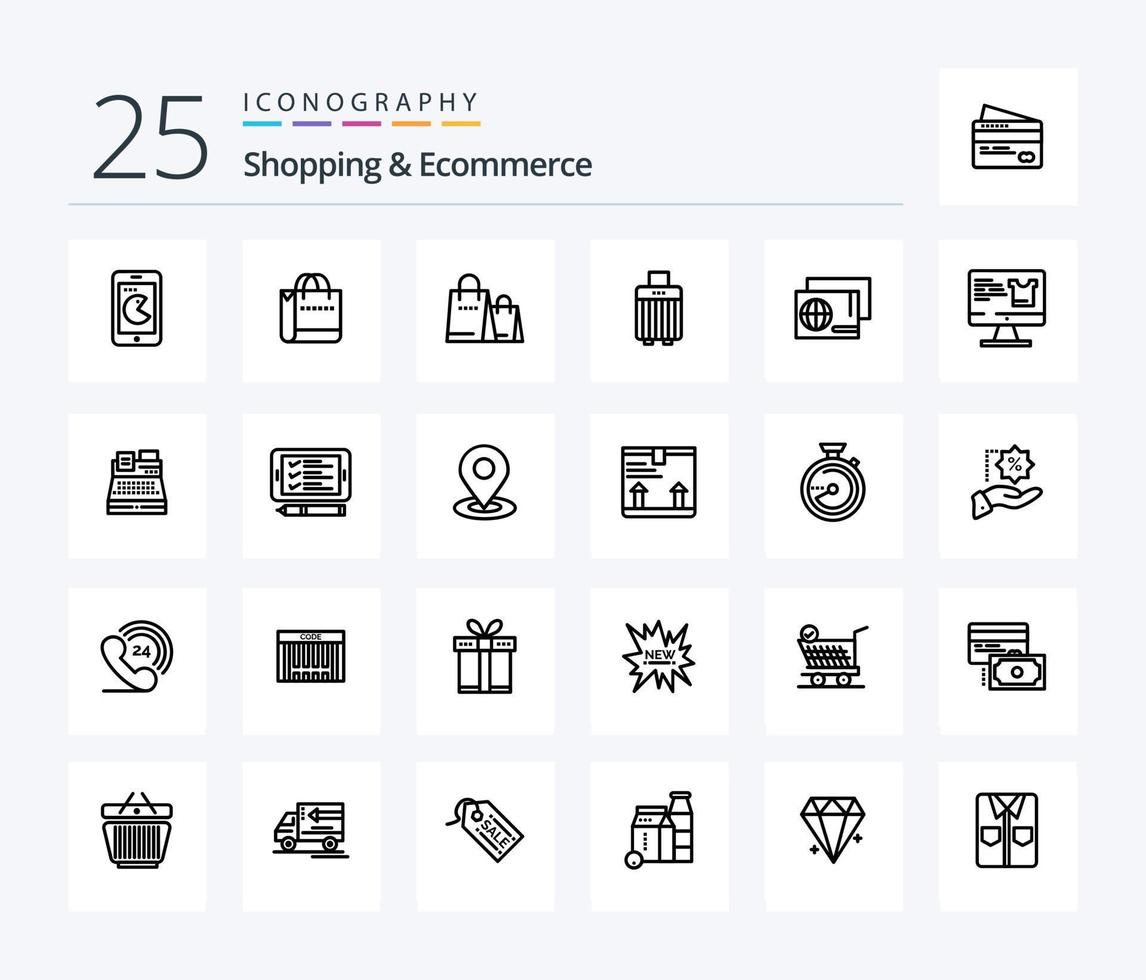 Shopping And Ecommerce 25 Line icon pack including screen . shopping. bag . passport . identity vector