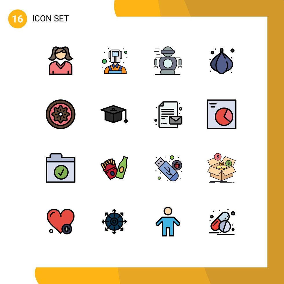 Modern Set of 16 Flat Color Filled Lines and symbols such as slice fruit robotic food vegetable Editable Creative Vector Design Elements