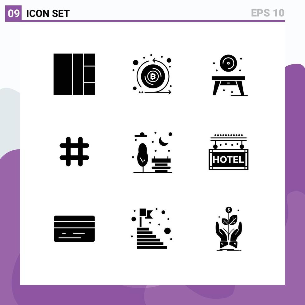 conjunto moderno de 9 pictogramas de glifos sólidos de un banco de parque que vive en twitter hash tag elementos de diseño vectorial editables vector