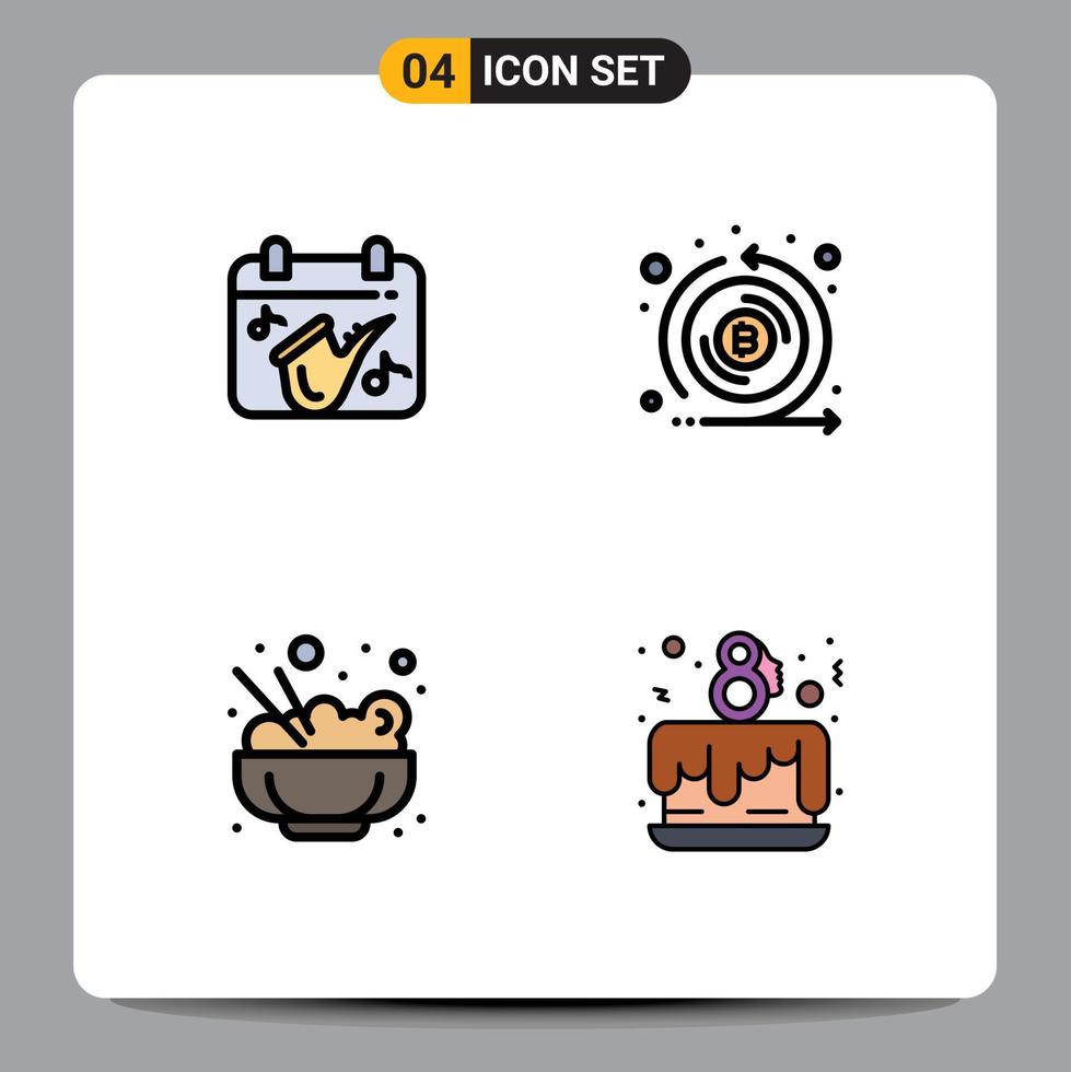 Pack of 4 Modern Filledline Flat Colors Signs and Symbols for Web Print Media such as calendar food saxophone emission cake party Editable Vector Design Elements