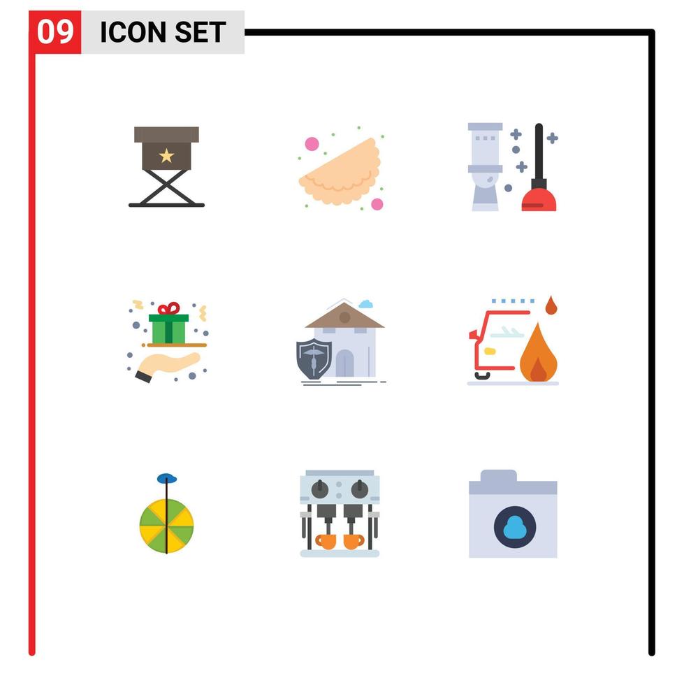 Paquete de 9 colores planos de interfaz de usuario de signos y símbolos modernos de baño de seguro de casa presente caja de regalo elementos de diseño vectorial editables vector