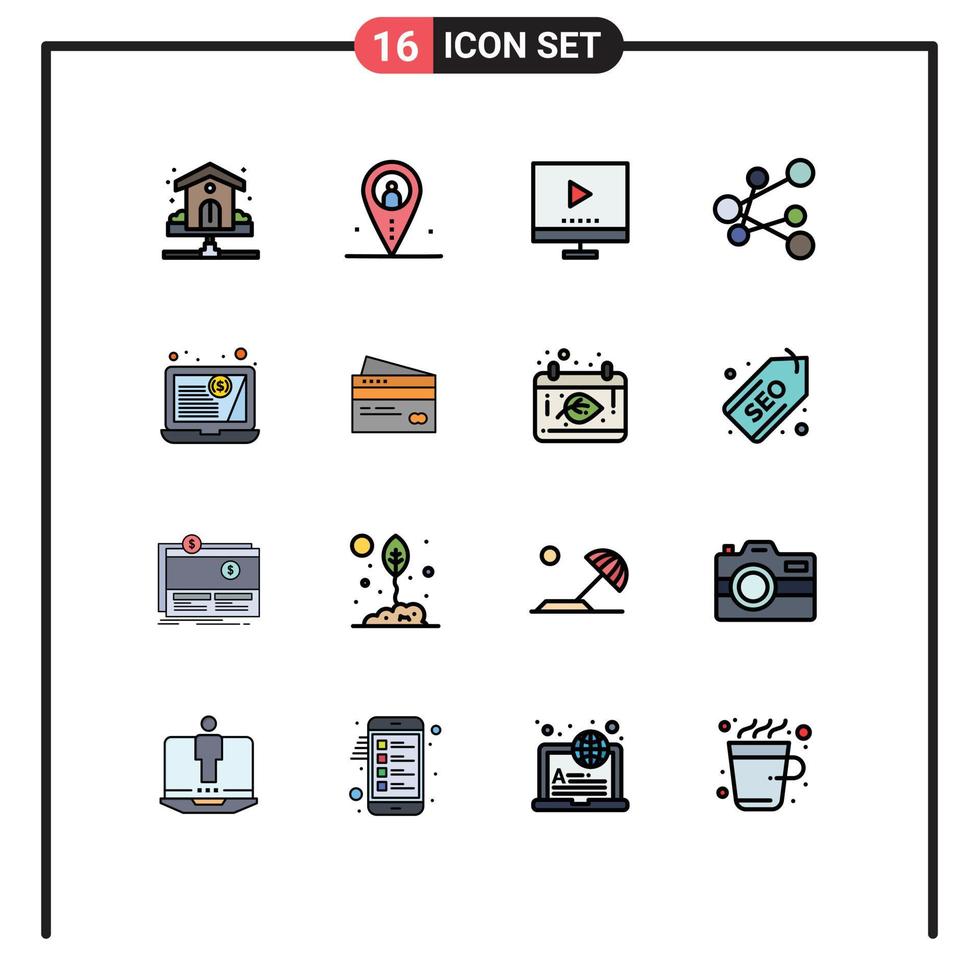 Modern Set of 16 Flat Color Filled Lines and symbols such as share export navigation video technology Editable Creative Vector Design Elements