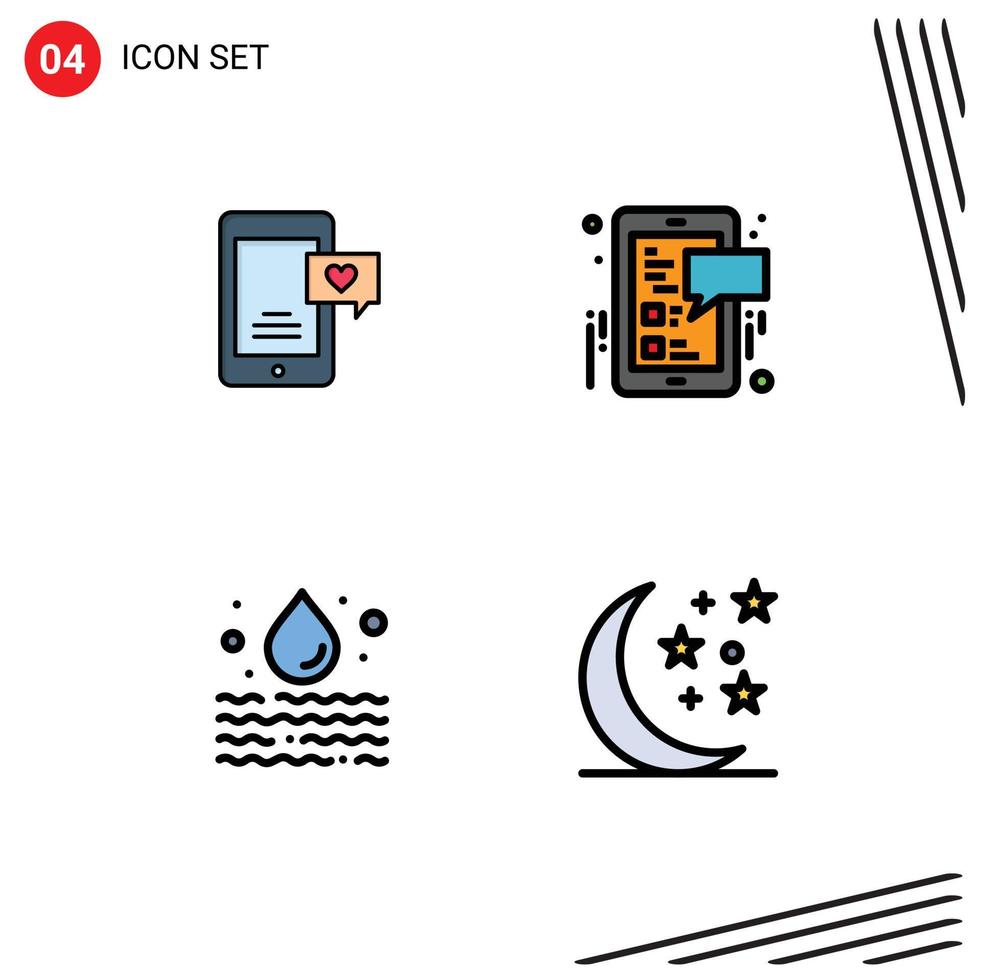 Pack of 4 creative Filledline Flat Colors of mobile leak love chat social media waste Editable Vector Design Elements