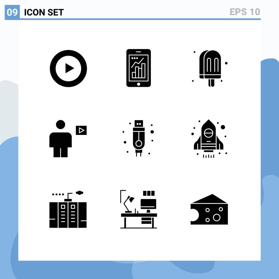9 User Interface Solid Glyph Pack of modern Signs and Symbols of adapter playback drink human avatar Editable Vector Design Elements