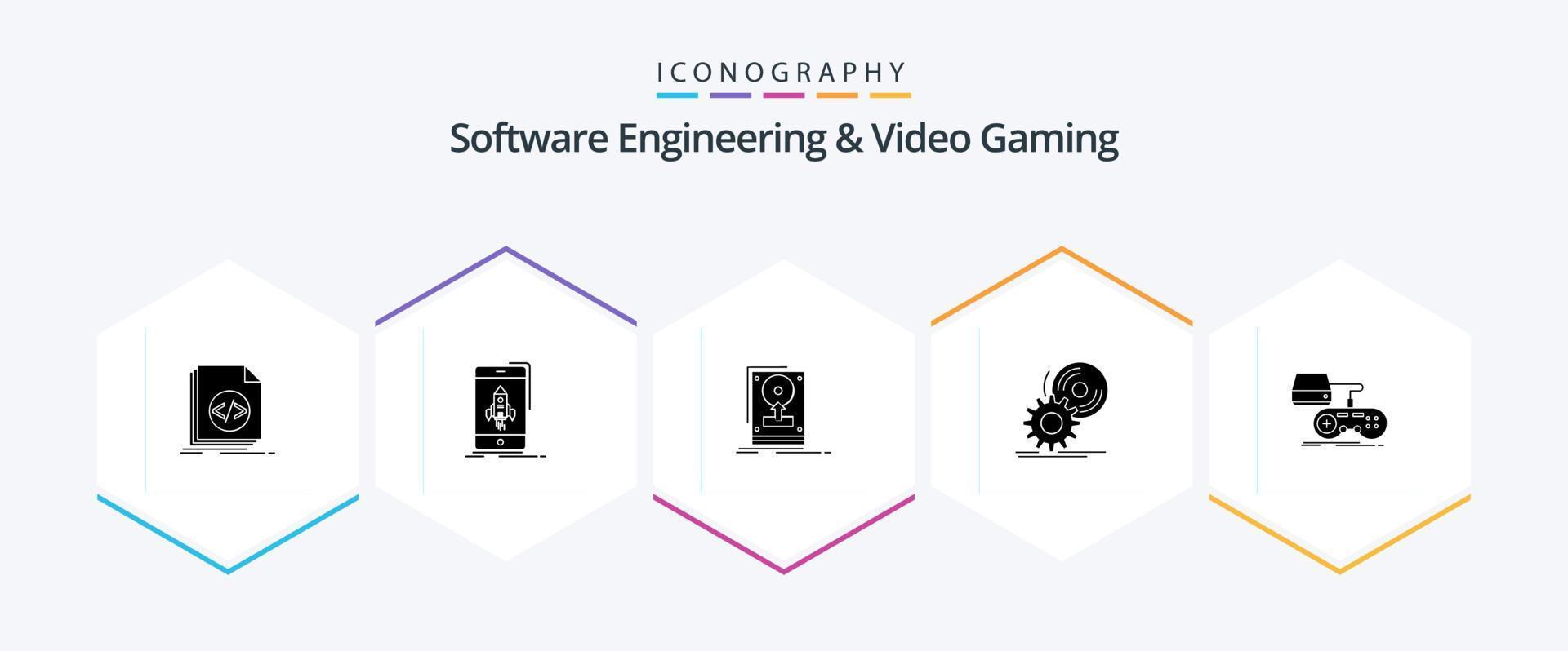 paquete de iconos de 25 glifos de ingeniería de software y videojuegos que incluye instalación. discos compactos. móvil. subir. disco duro vector