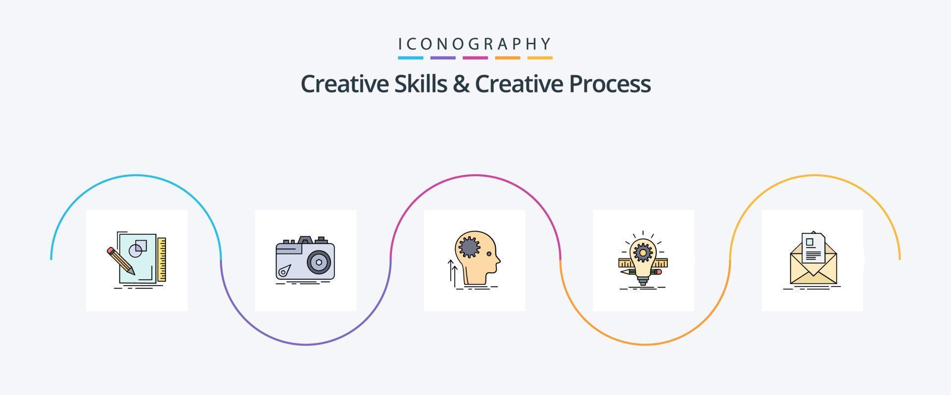 habilidades creativas y línea de proceso creativo lleno de paquete de iconos planos 5 que incluye bombilla. desarrollo foto. lluvia de ideas. pensando vector