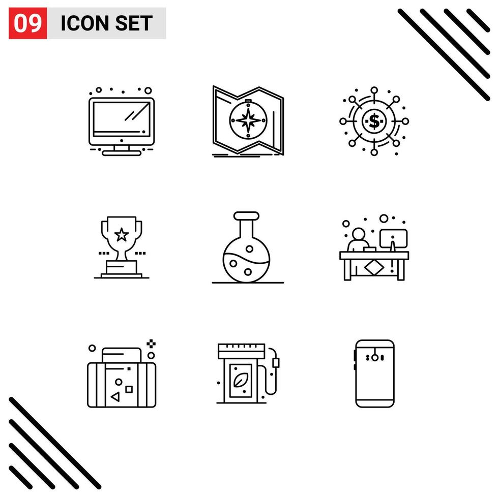 Editable Vector Line Pack of 9 Simple Outlines of boiling flask prize campaign trophy funds Editable Vector Design Elements