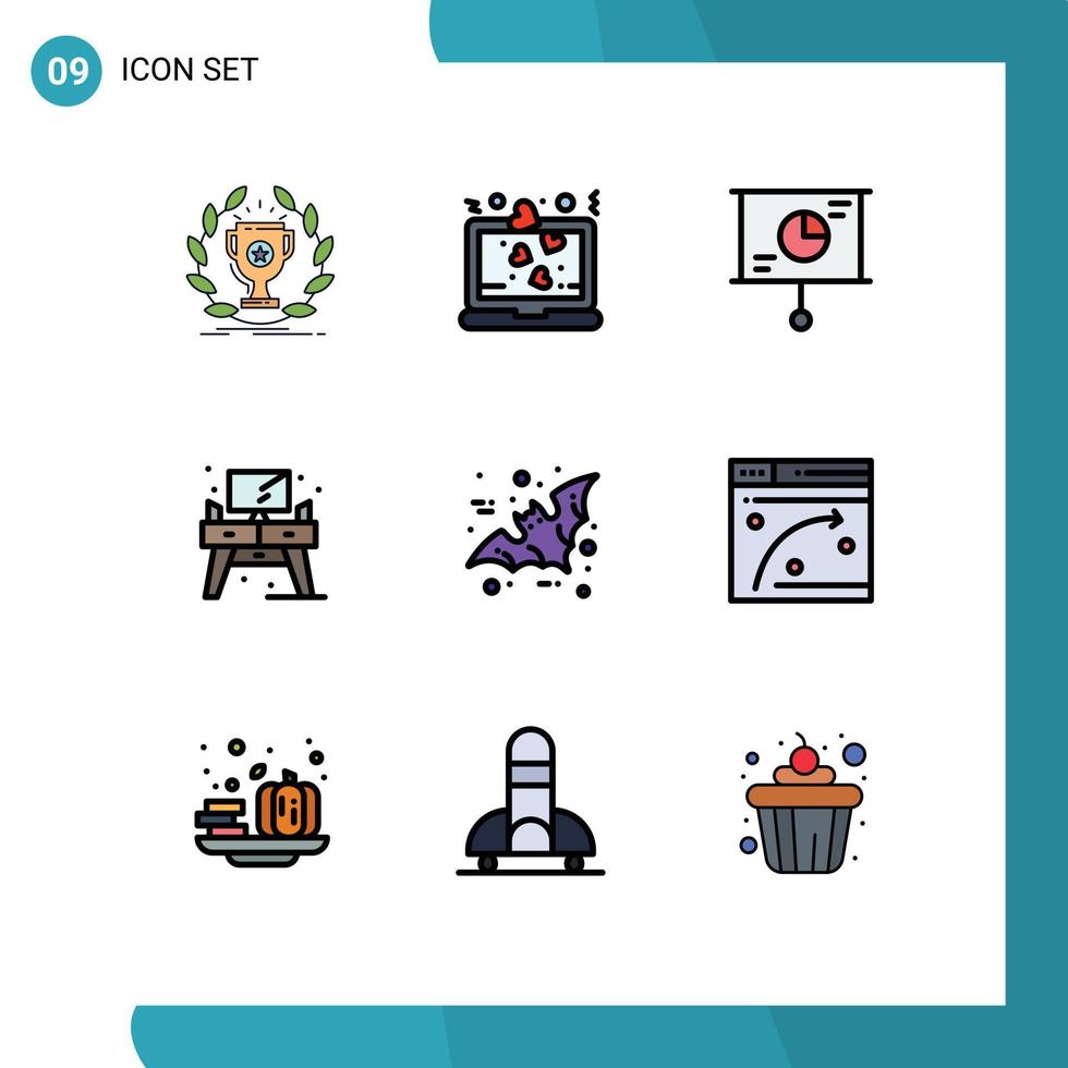 Filledline Flat Color Pack of 9 Universal Symbols of bat screen romance living teamwork Editable Vector Design Elements