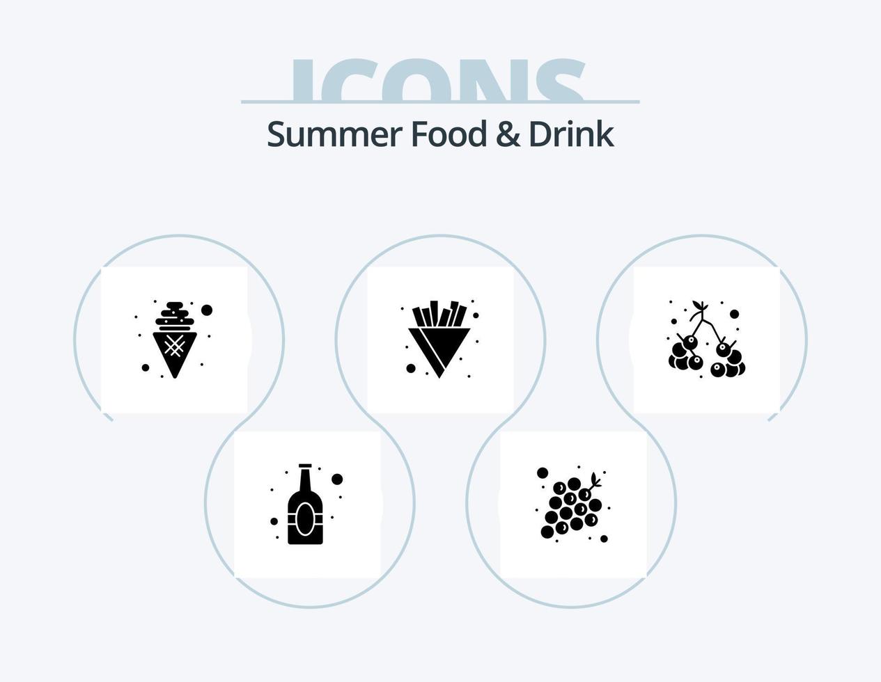 Summer Food and Drink Glyph Icon Pack 5 Icon Design. vegetable. fruits. ice cream. fries. chips vector