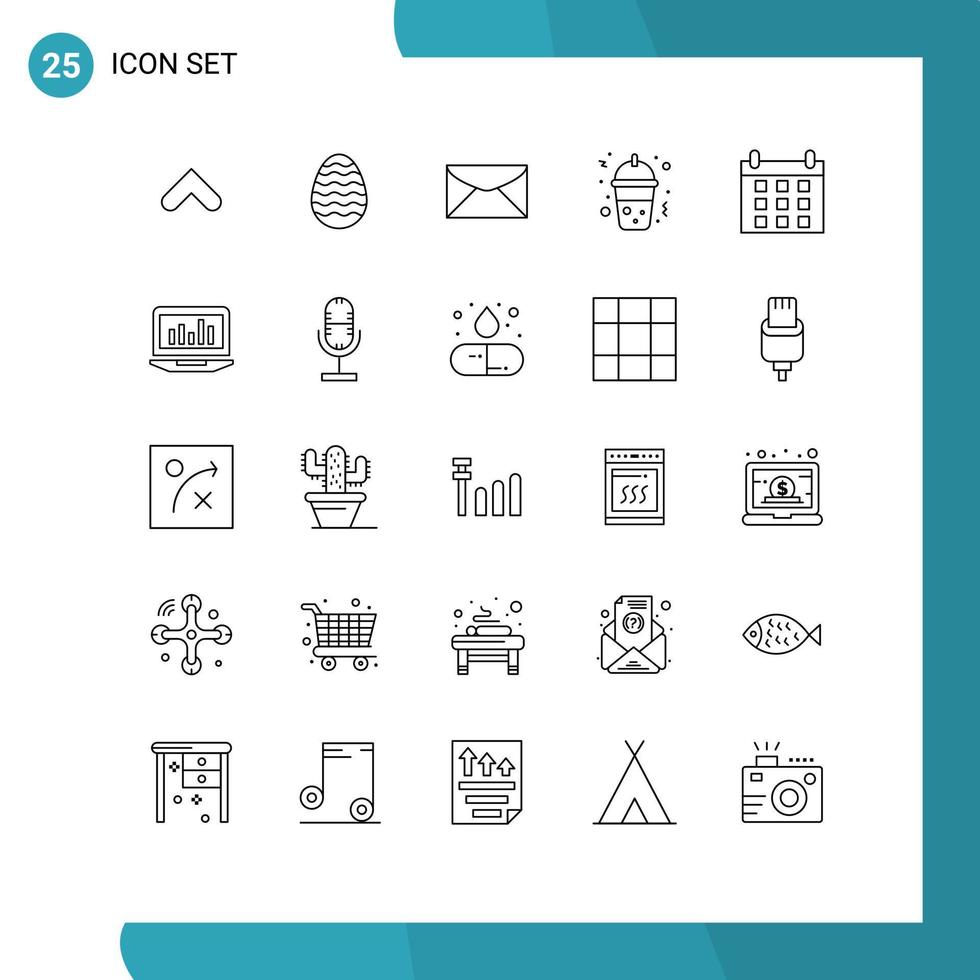 Set of 25 Commercial Lines pack for schedule calendar mail food frappe Editable Vector Design Elements