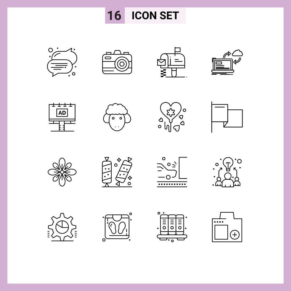 Set of 16 Modern UI Icons Symbols Signs for banner ad mailbox arrows data Editable Vector Design Elements