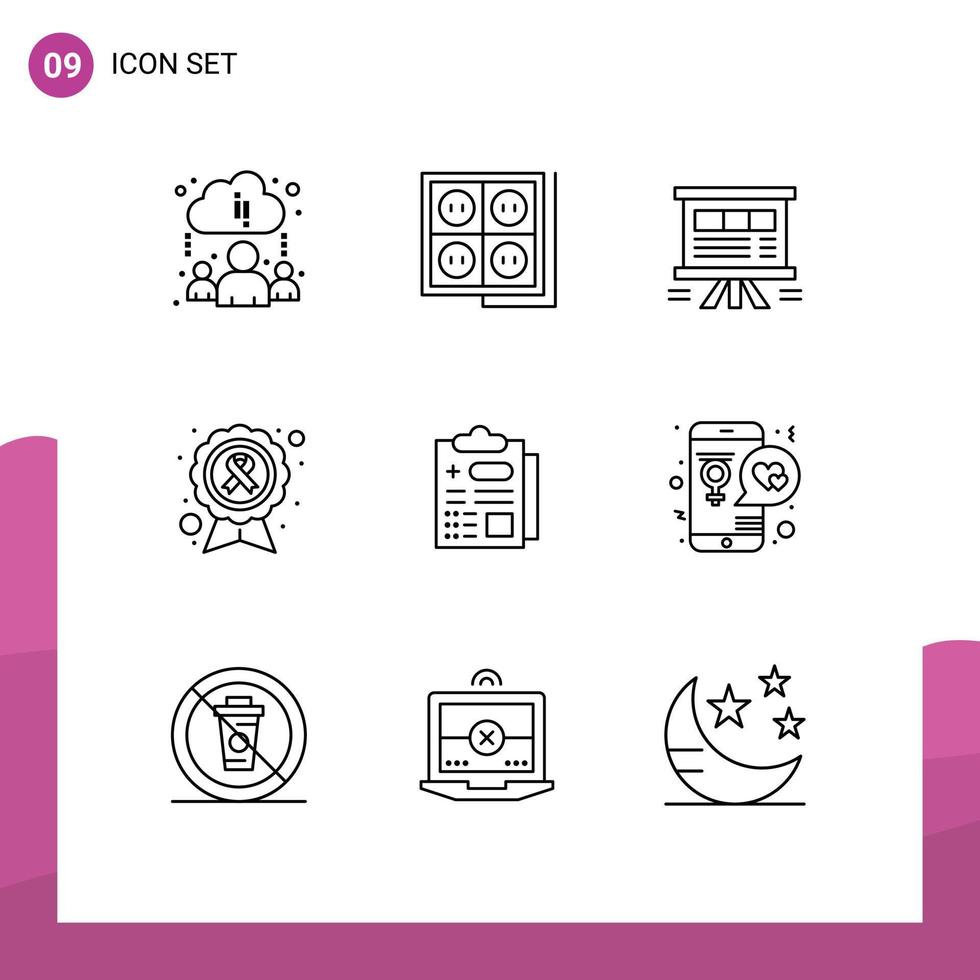 Universal Icon Symbols Group of 9 Modern Outlines of disease ribbon analytics cancer sales Editable Vector Design Elements