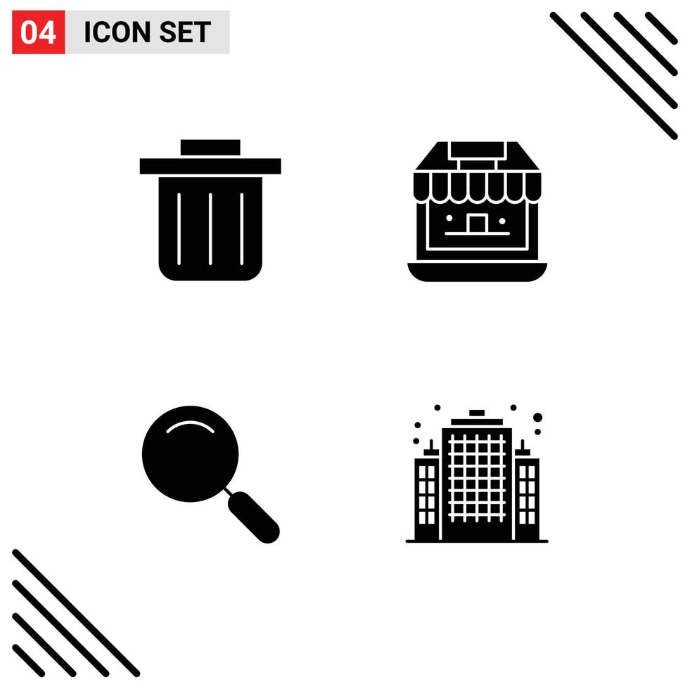 Set of 4 Modern UI Icons Symbols Signs for recycling bin building shopping magnifier real Editable Vector Design Elements