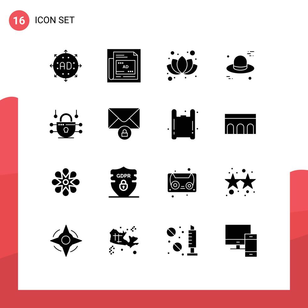 Pictogram Set of 16 Simple Solid Glyphs of network security internet headline canada hat Editable Vector Design Elements
