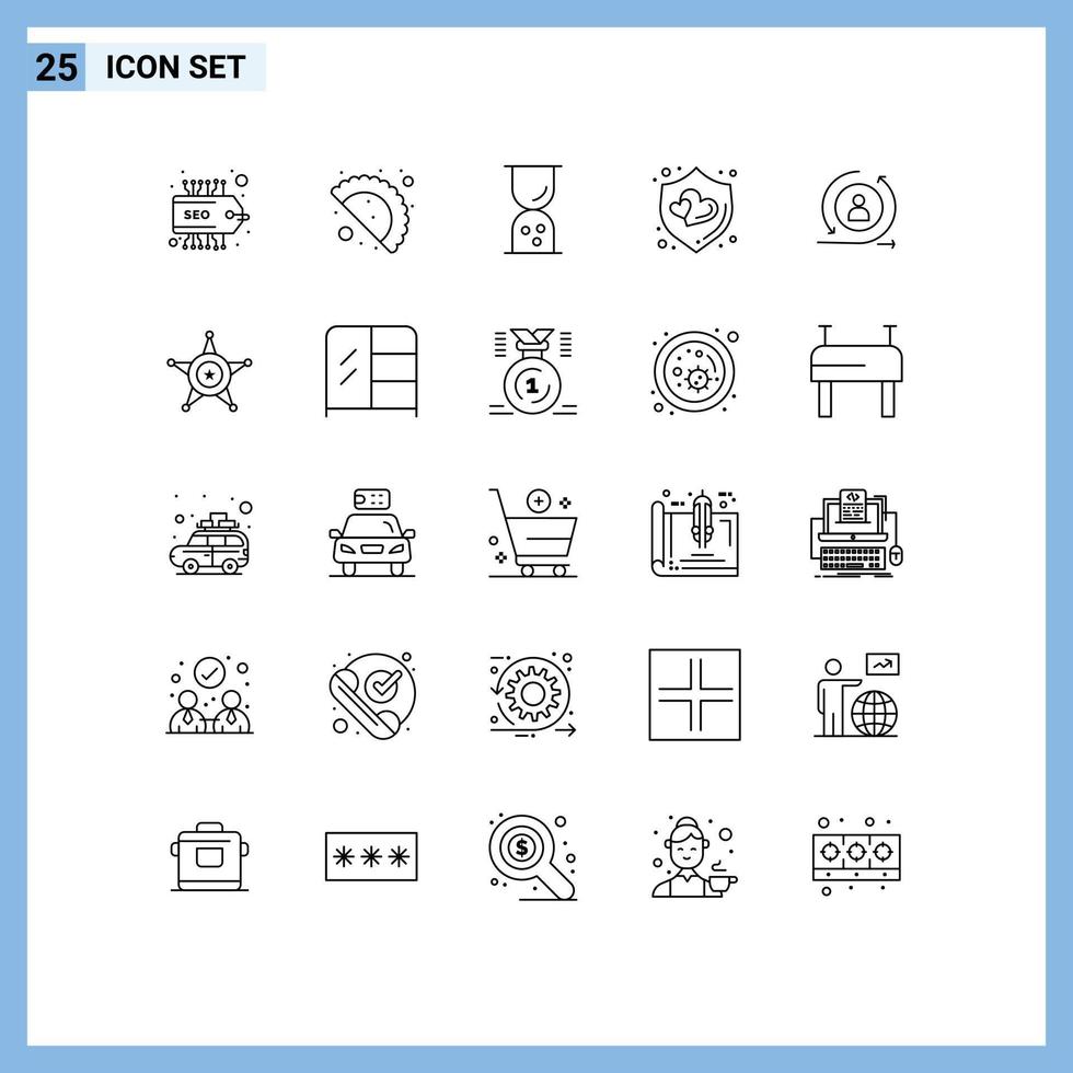25 User Interface Line Pack of modern Signs and Symbols of men returning visiter outline visiter shield Editable Vector Design Elements