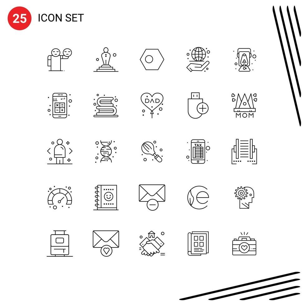 25 User Interface Line Pack of modern Signs and Symbols of lamp hand asian globe flag Editable Vector Design Elements