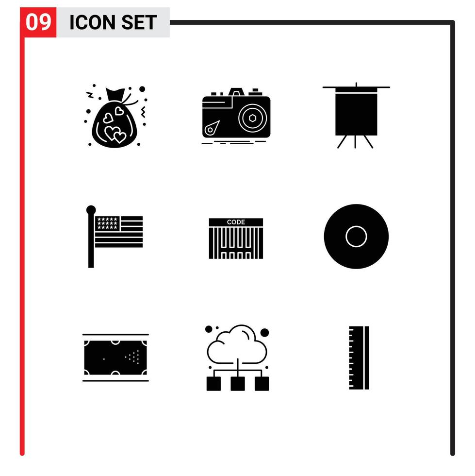 Group of 9 Solid Glyphs Signs and Symbols for barcode usa aperture united flag Editable Vector Design Elements
