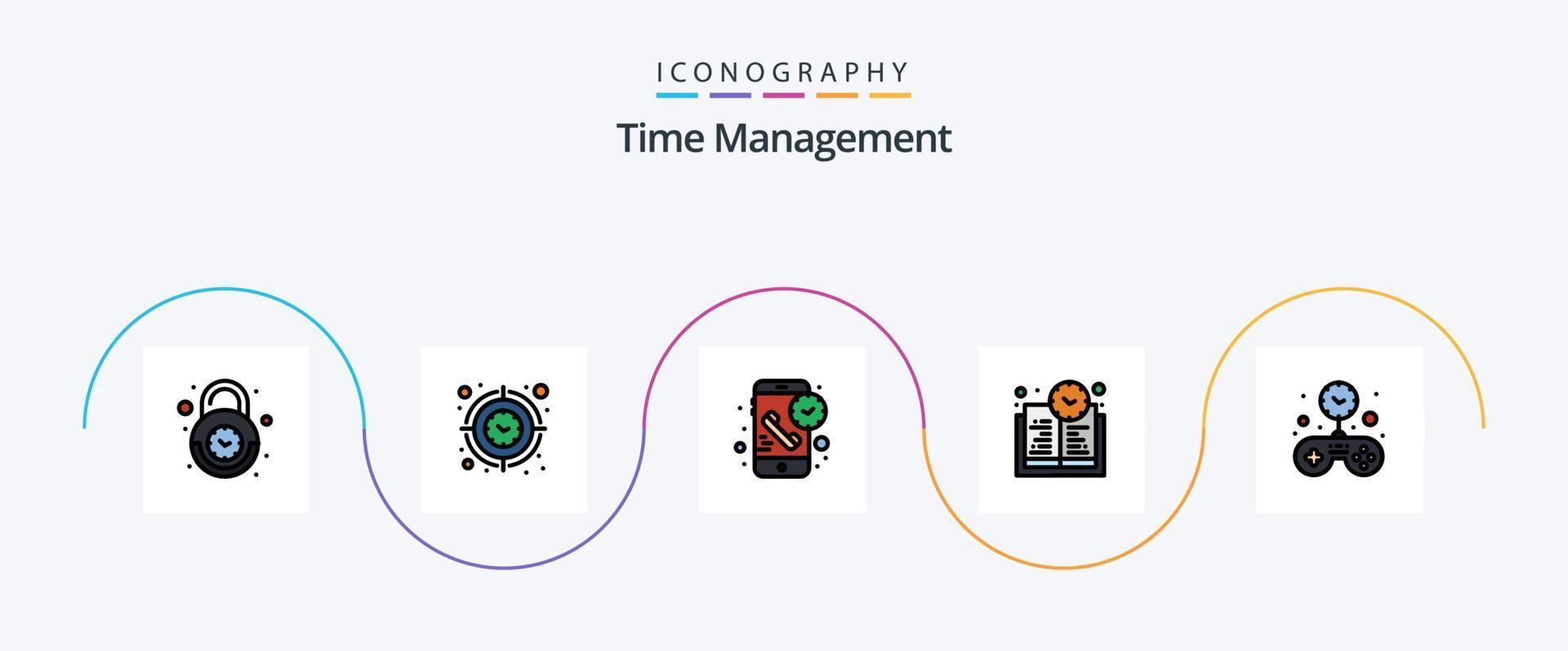 Time Management Line Filled Flat 5 Icon Pack Including learning time. book time. time. time. phone vector