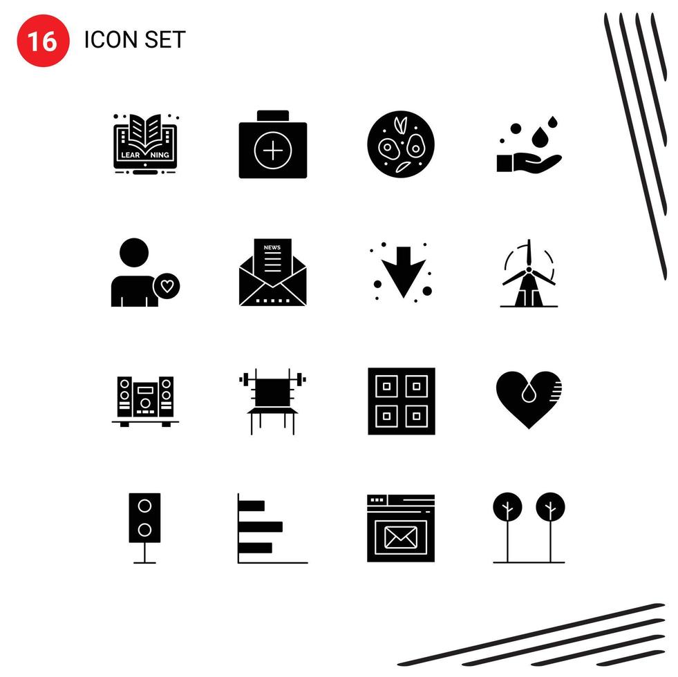 Set of 16 Modern UI Icons Symbols Signs for heart man salad wash hand Editable Vector Design Elements