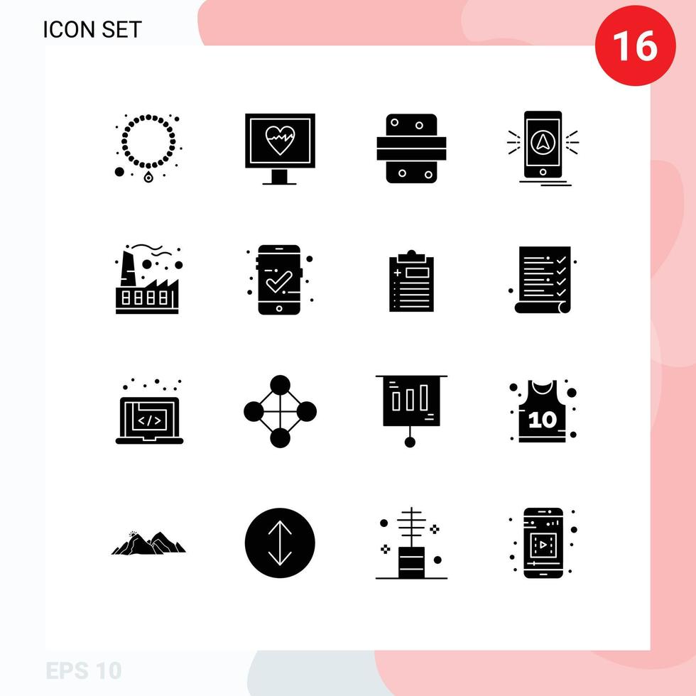 Set of 16 Commercial Solid Glyphs pack for factory location dinner gps app Editable Vector Design Elements