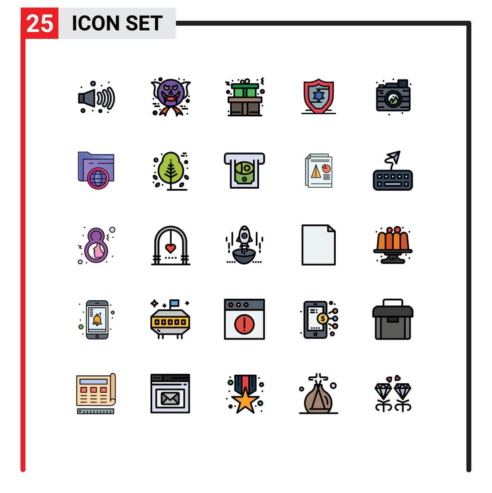 Mobile Interface Filled line Flat Color Set of 25 Pictograms of folder camera gift process shield Editable Vector Design Elements