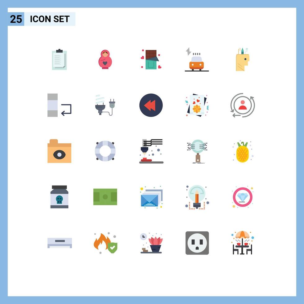 User Interface Pack of 25 Basic Flat Colors of pen power chocolate electric car Editable Vector Design Elements