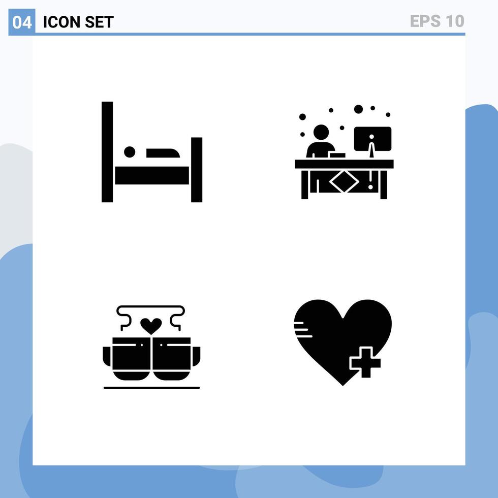 Group of 4 Modern Solid Glyphs Set for bed cup sleep desk love Editable Vector Design Elements