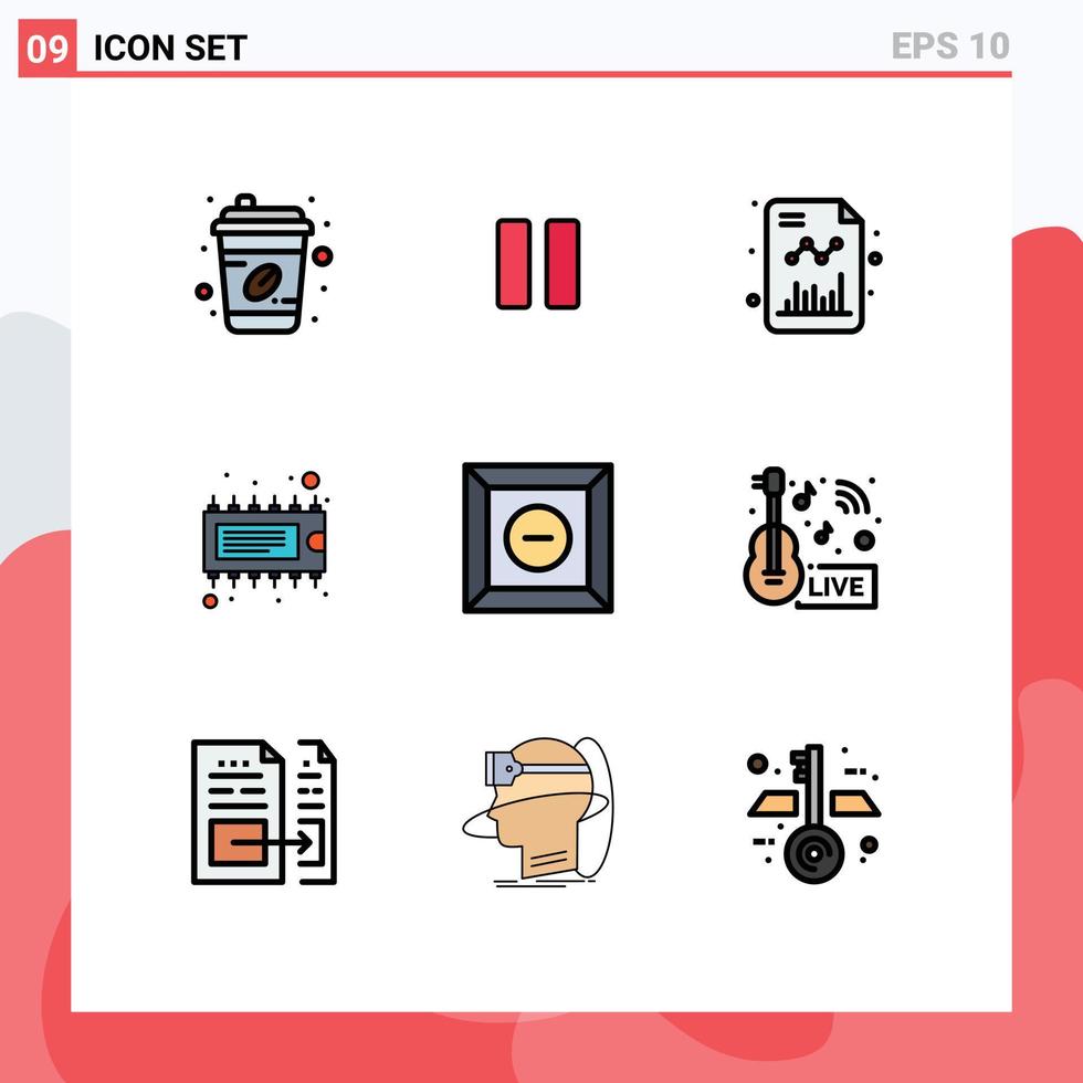 Group of 9 Modern Filledline Flat Colors Set for delete ic business electronic component Editable Vector Design Elements