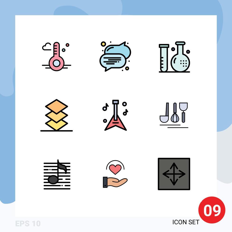 Group of 9 Filledline Flat Colors Signs and Symbols for music guitar fitness stack arrange Editable Vector Design Elements