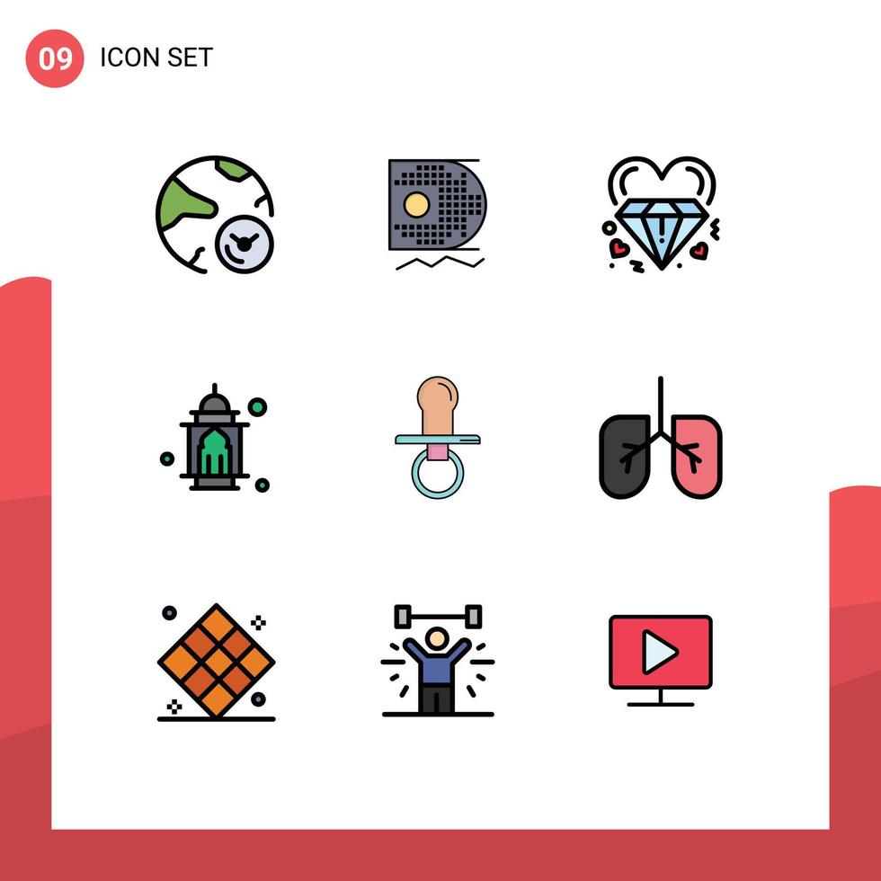 Group of 9 Filledline Flat Colors Signs and Symbols for moon masjid mining mosque marriage Editable Vector Design Elements