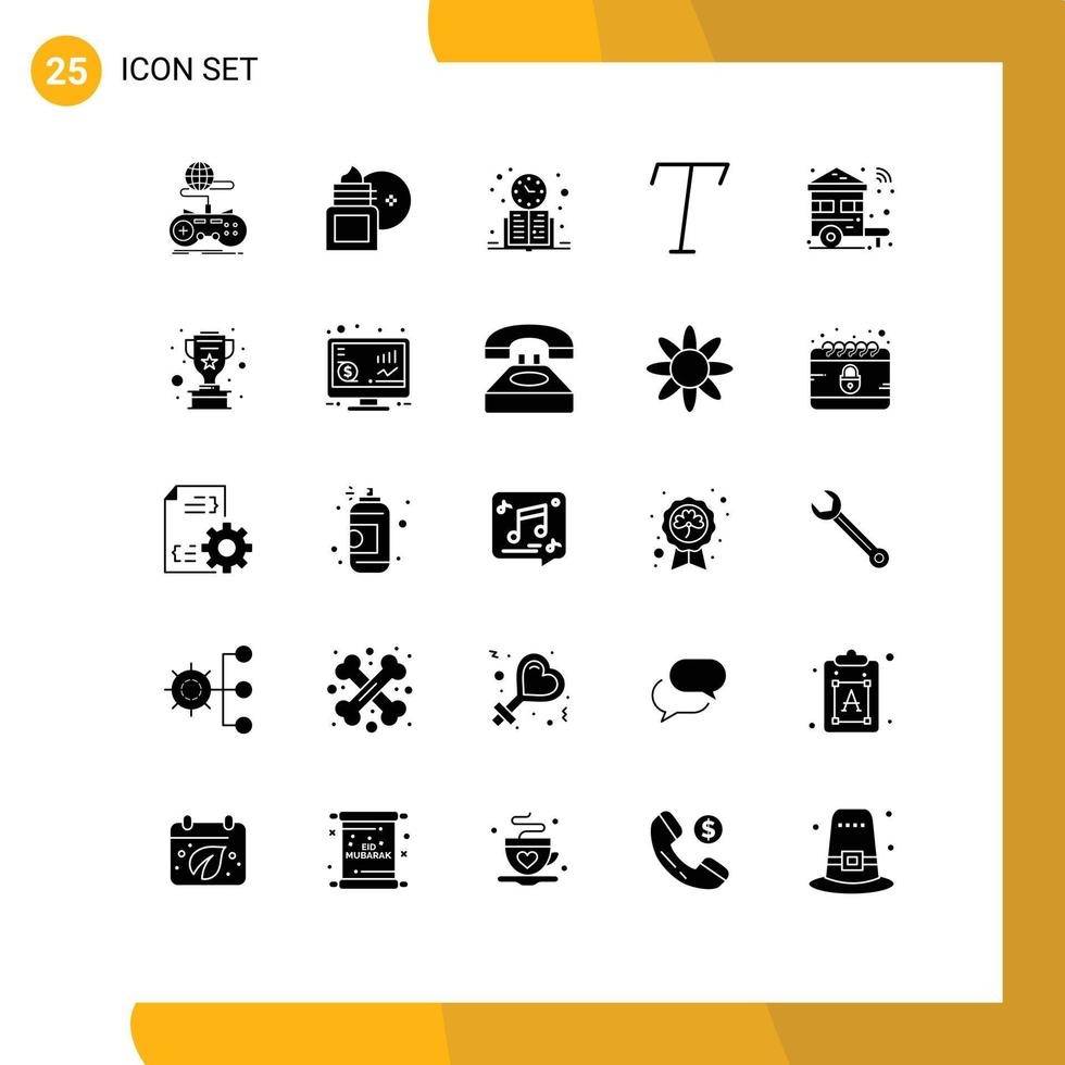 conjunto moderno de 25 glifos y símbolos sólidos, como humectante de fuente casera, tiempo de estudio, aprendizaje de elementos de diseño de vectores editables