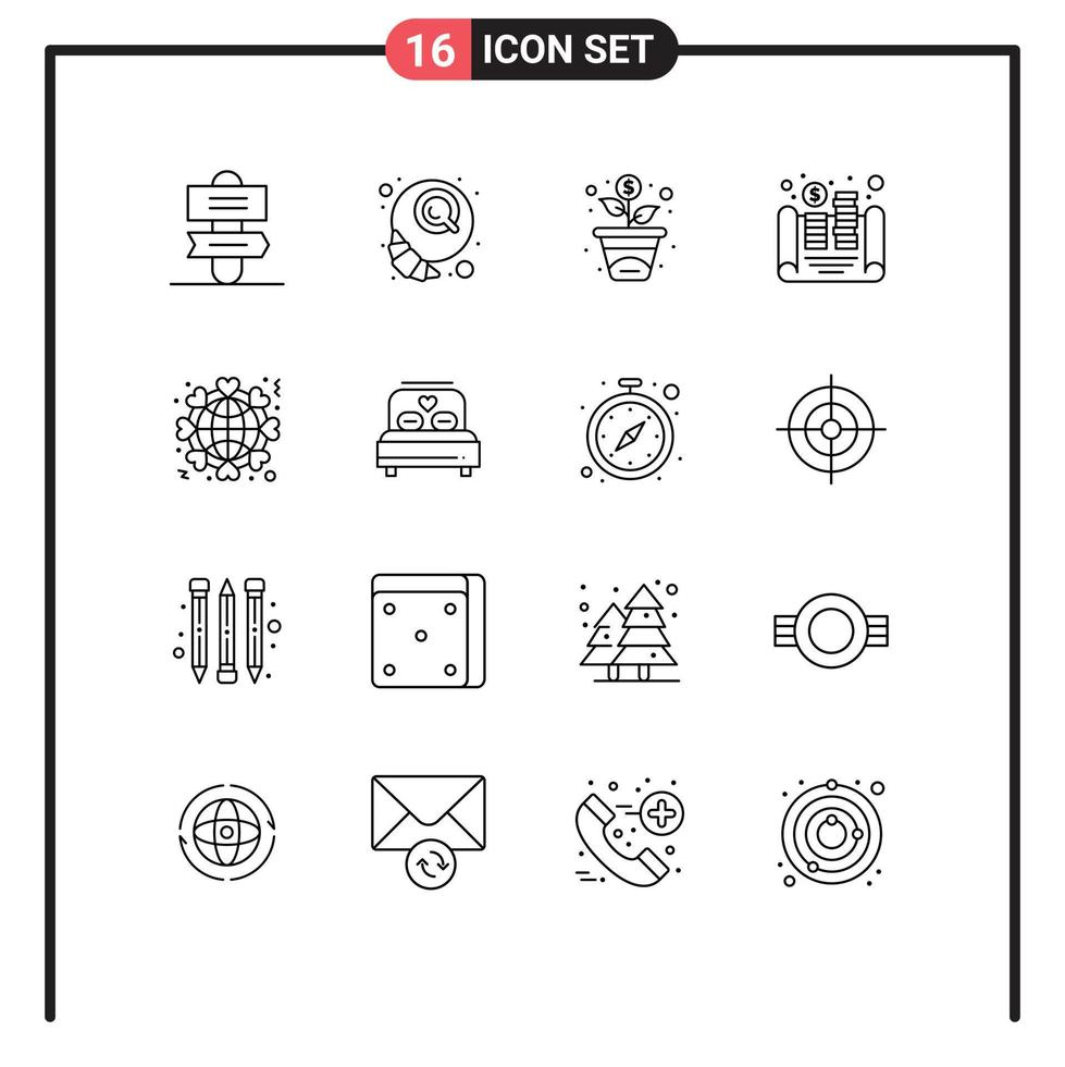 Stock Vector Icon Pack of 16 Line Signs and Symbols for love heart growth globe money Editable Vector Design Elements