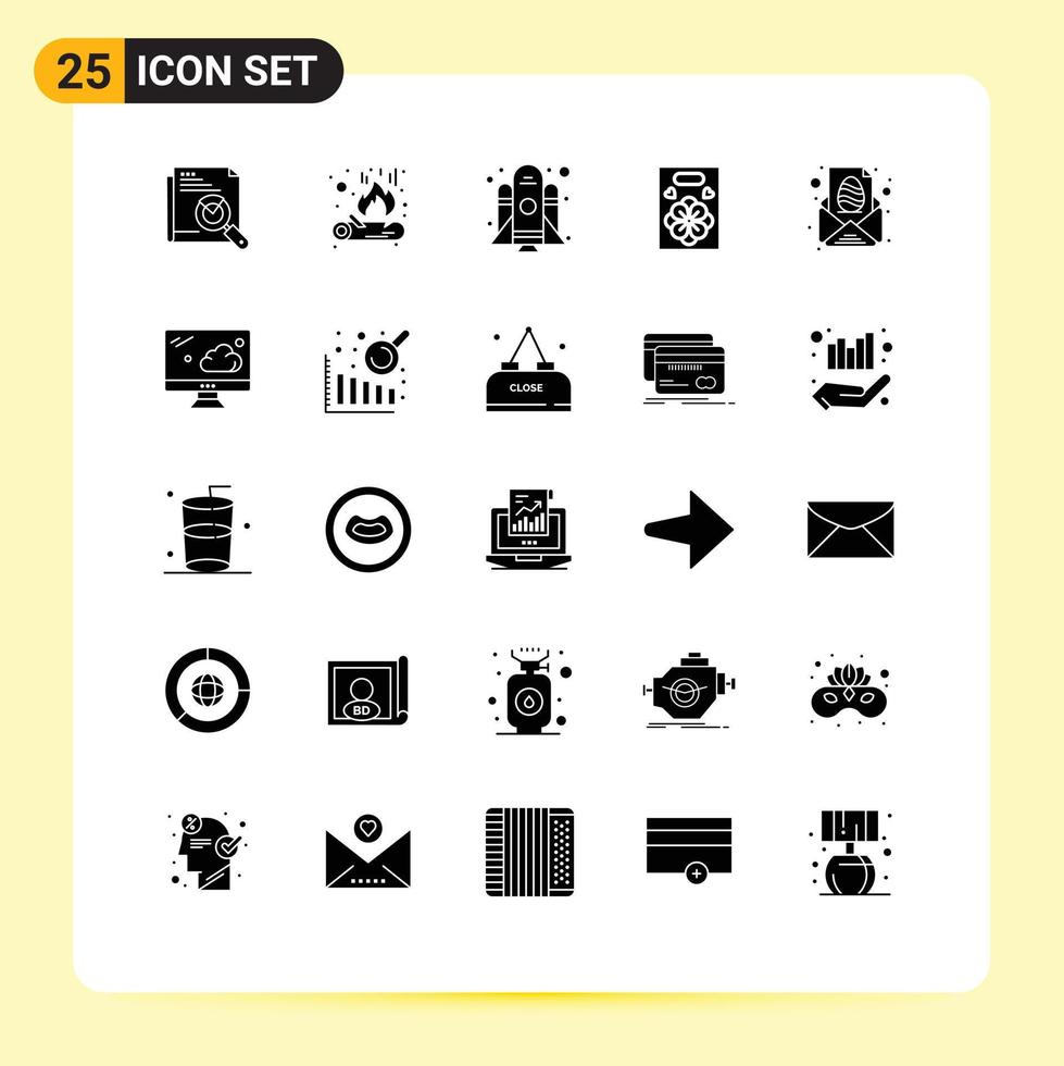 Pictogram Set of 25 Simple Solid Glyphs of message egg rocket easter love Editable Vector Design Elements