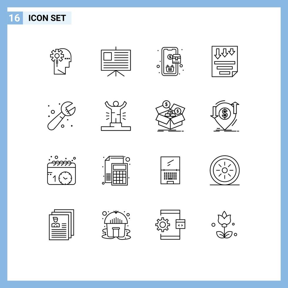 Pictogram Set of 16 Simple Outlines of mechanical paper mobile page data Editable Vector Design Elements