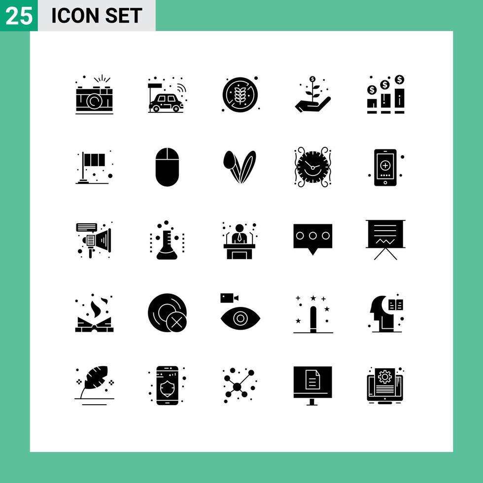 Modern Set of 25 Solid Glyphs and symbols such as increase startup smart investment rice Editable Vector Design Elements